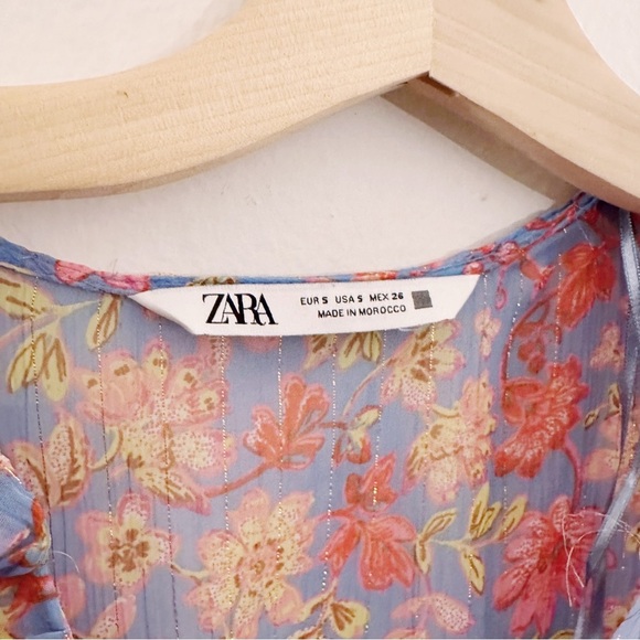 Zara Floral Mini Dress Metallic Thread Spring Summer Ruffle - Picture 3 of 6